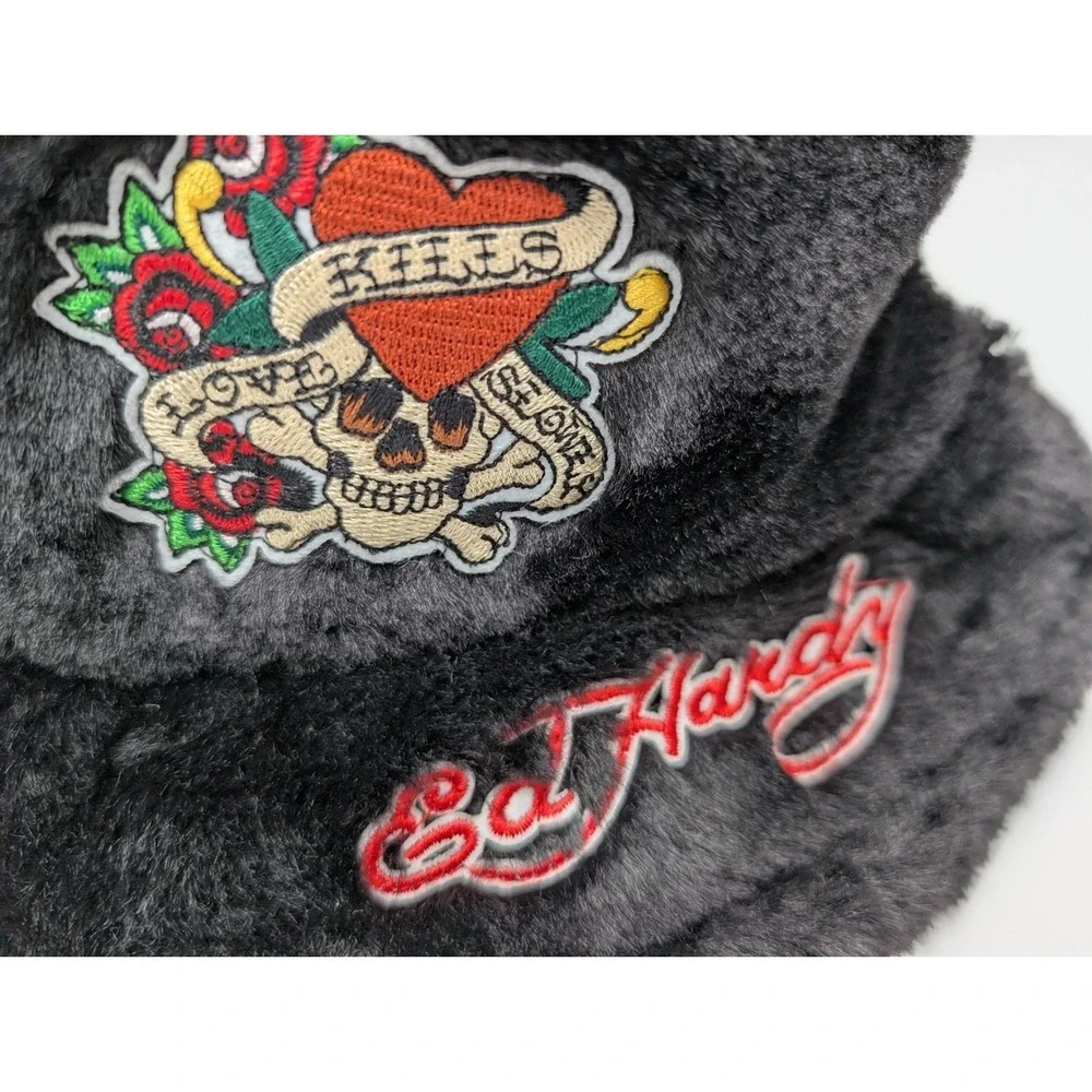 Ed Hardy Faux Fur Bucket Hat Skull Rose Patch Red Logo Winter Warm NWOT